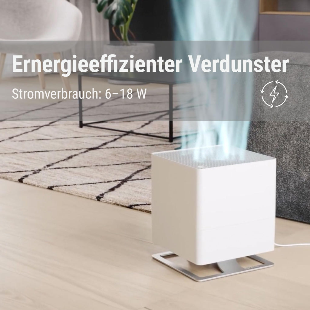Stadler Form Luftbefeuchter Oskar, energiesparender Raumbefeuchter für Räume bis 50 m², Verdunster mit Abschalt-Automatik, dimmbare LEDs, sehr leise, für Duftöl geeignet, 24,6 x 29 x 24,6 cm, weiss