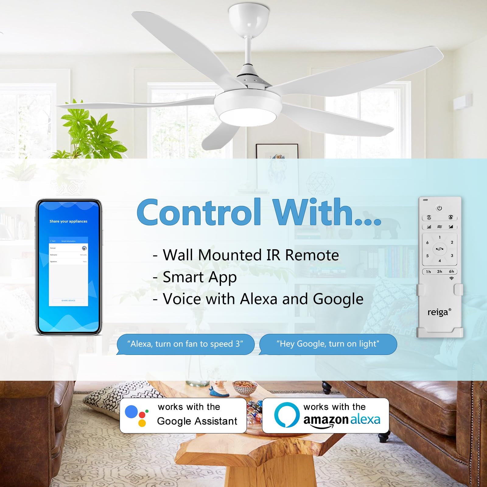 reiga Deckenventilator mit dimmbarer LED Beleuchtung und Fernbedienung, 137 cm Deckenventilatoren 5 Flügel, Kompatibel mit Smart App Alexa - Weiß