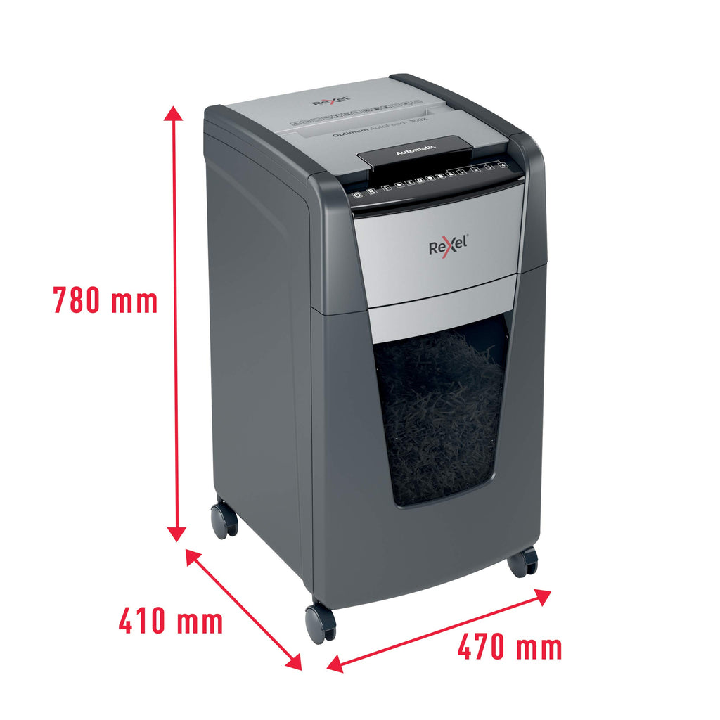 Rexel Optimum AutoFeed+ 300X Automatischer Aktenvernichter, 300 Blatt automatisch, Sicherheitsstufe P4, Partikelschnitt, für Büros und Abteilungen, 60 Liter Abfallbehälter, mit Lenkrollen, 2020300XEU
