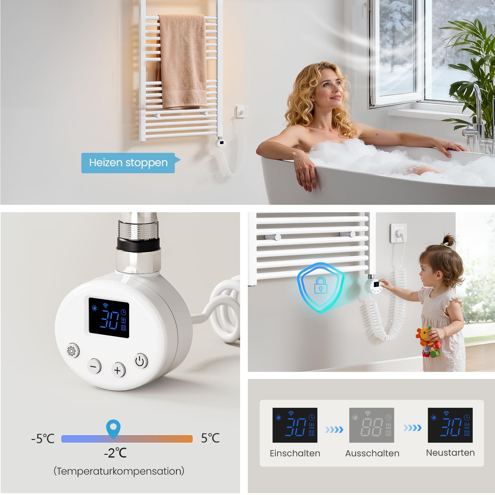 Heilmetz Smart WiFi Badheizkörper Elektrisch 100x60cm Elektrischer Handtuchtrockner mit Thermostat und Timer-Funktion Gerade Handtuchheizkörper Weiß 500W
