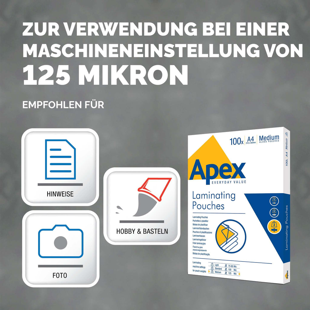 Fellowes Laminierfolien A4 APEX - Glänzendes Finish - Heißlaminierfolien Medium Duty (ca. 125 mic pro Seite) für Anwendungen wie Aushänge, Zertifikate, Speisekarten - 100 Stück