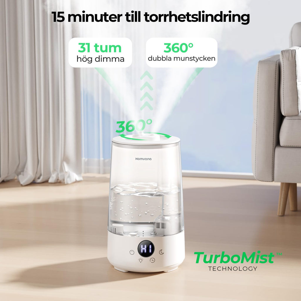 Homvana Luftbefeuchter Schlafzimmer Top-Fill, 3.6L 360°Cool Mist 34H Dauerhaft, Ruhig 16dB (SilentSpary Tech) Klein, Luftbefeuchter Pflanzen, Growtent, Pflanzenbefeuchter, Humidifier Plants (Klar)