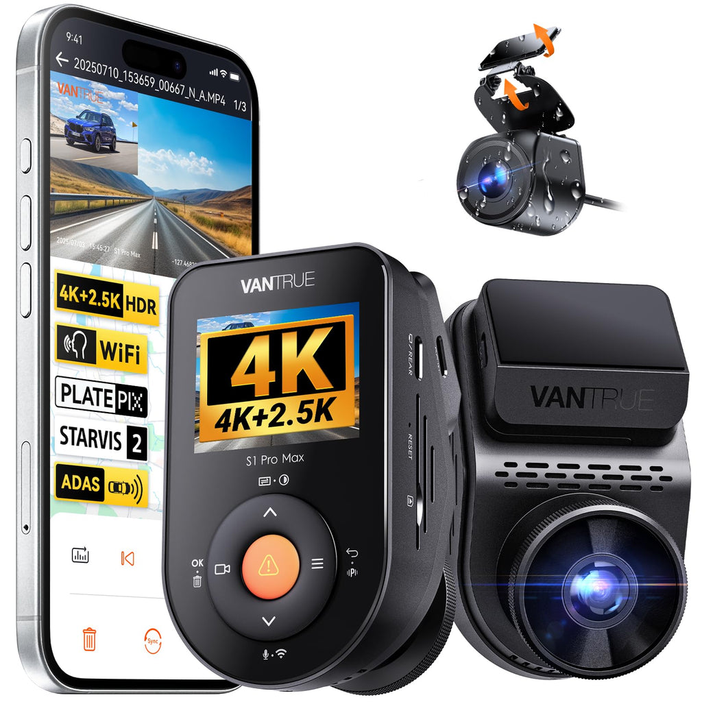VANTRUE S1 PRO MAX 4K + 2.5K STARVIS 2 Dashcam Auto Vorne Hinten, 5G WLAN PlatePix AI Dash Cam GPS 360° HDR Puffer Parküberwachung Auto Kamera, LTE Optional, Sprachbefehl, Privatsphäremodi, 1TB Max