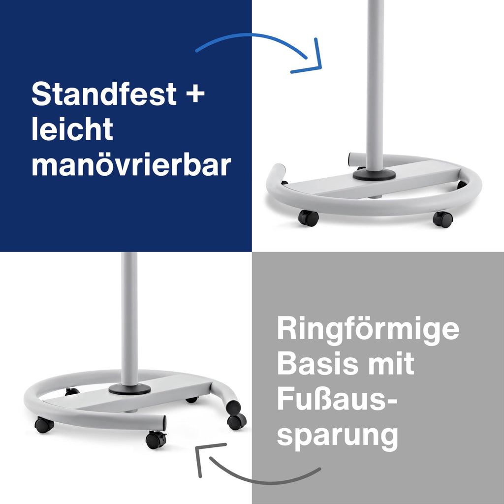 magnetoplan Flipchart De Luxe, mobil | Höhenverstellbar bis 2,0 m | 2 Seitenarme für 3-fache Präsentationsfläche | Mobil mit Rollen | Vollstahlkonstruktion Weiß/Lichtgrau | Schreibfläche 680x1043mm