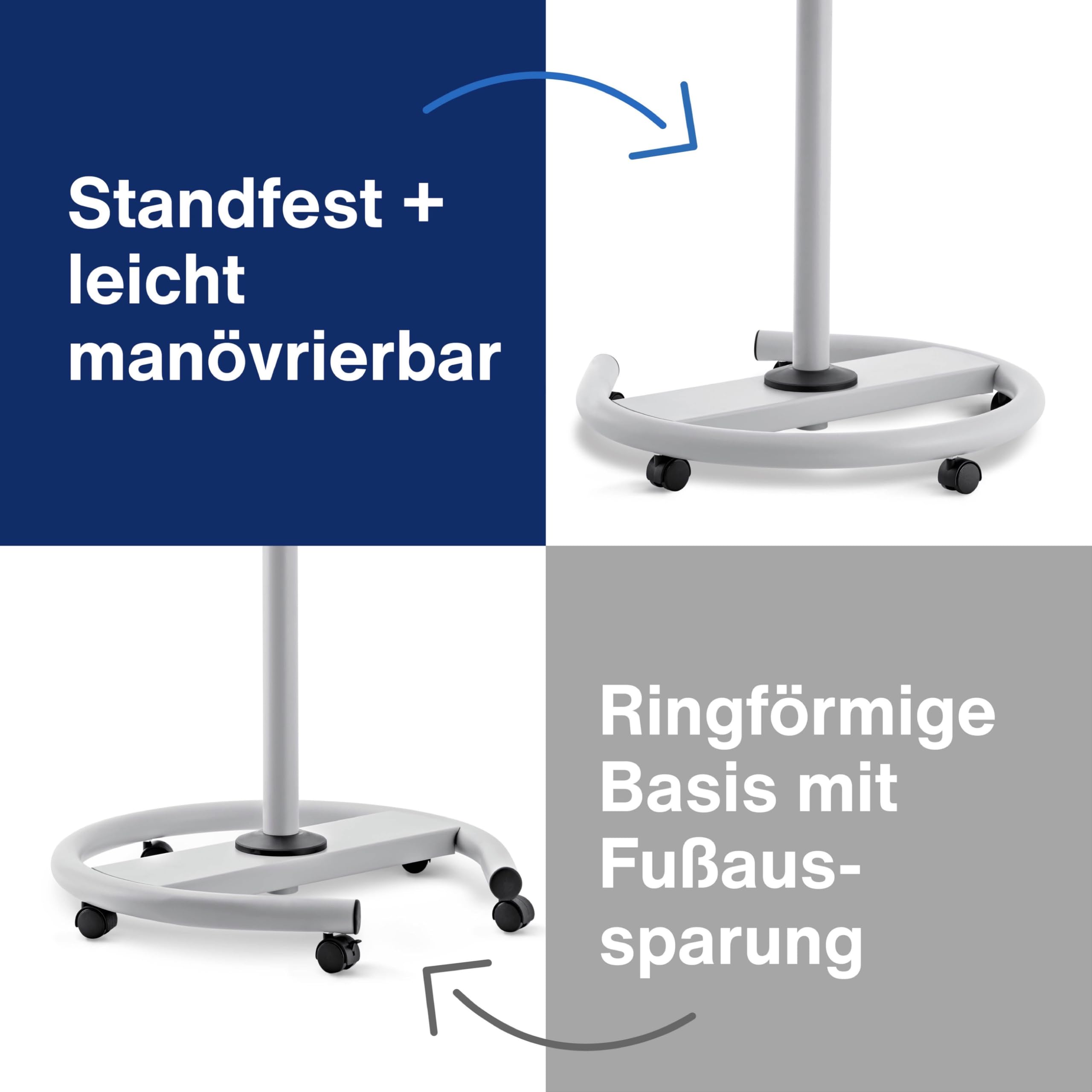 magnetoplan Flipchart De Luxe, mobil | Höhenverstellbar bis 2,0 m | 2 Seitenarme für 3-fache Präsentationsfläche | Mobil mit Rollen | Vollstahlkonstruktion Weiß/Lichtgrau | Schreibfläche 680x1043mm