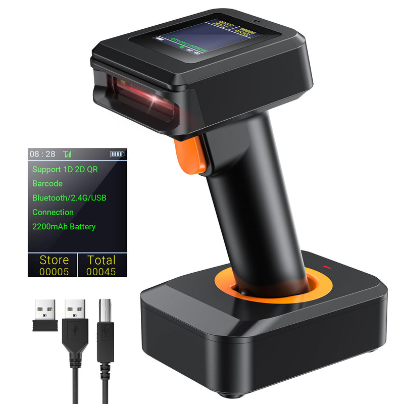 Tera 2D HW006 Barcode-Scanner, kabellos, QR-Code-Scanner mit Bluetooth, Zeitanzeige, Bildschirm, Batteriestandsanzeige Ladestation, Patentnummer 90078251950003