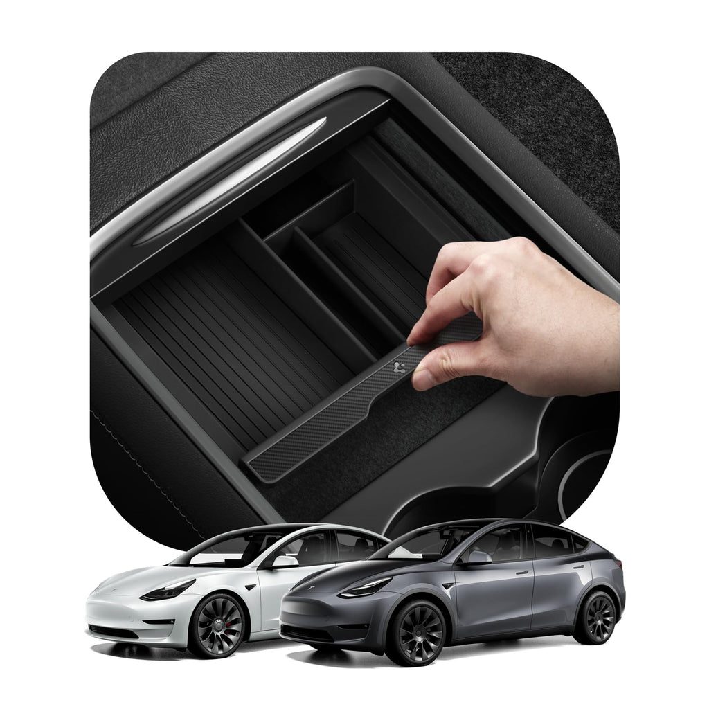 Spigen Tesla Model Y (~2024) Model 3 (2021-2023) Mittelkonsole Organizer Armlehnenablage Zubehör für Tesla Model Y (~2024) und Model 3 2021-2023 mit Smooth Slide Technology - Carbon Edition