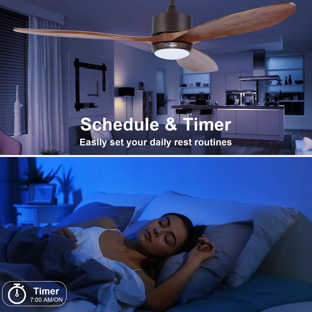 Ovlaim 132cm Walnuss Holz Deckenventilatoren mit Beleuchtung Fernbedienung, 3-Blatt-Propeller Smart Deckenventilator für Indoor Outdoor, hoher Luftstrom leiser DC-Motor