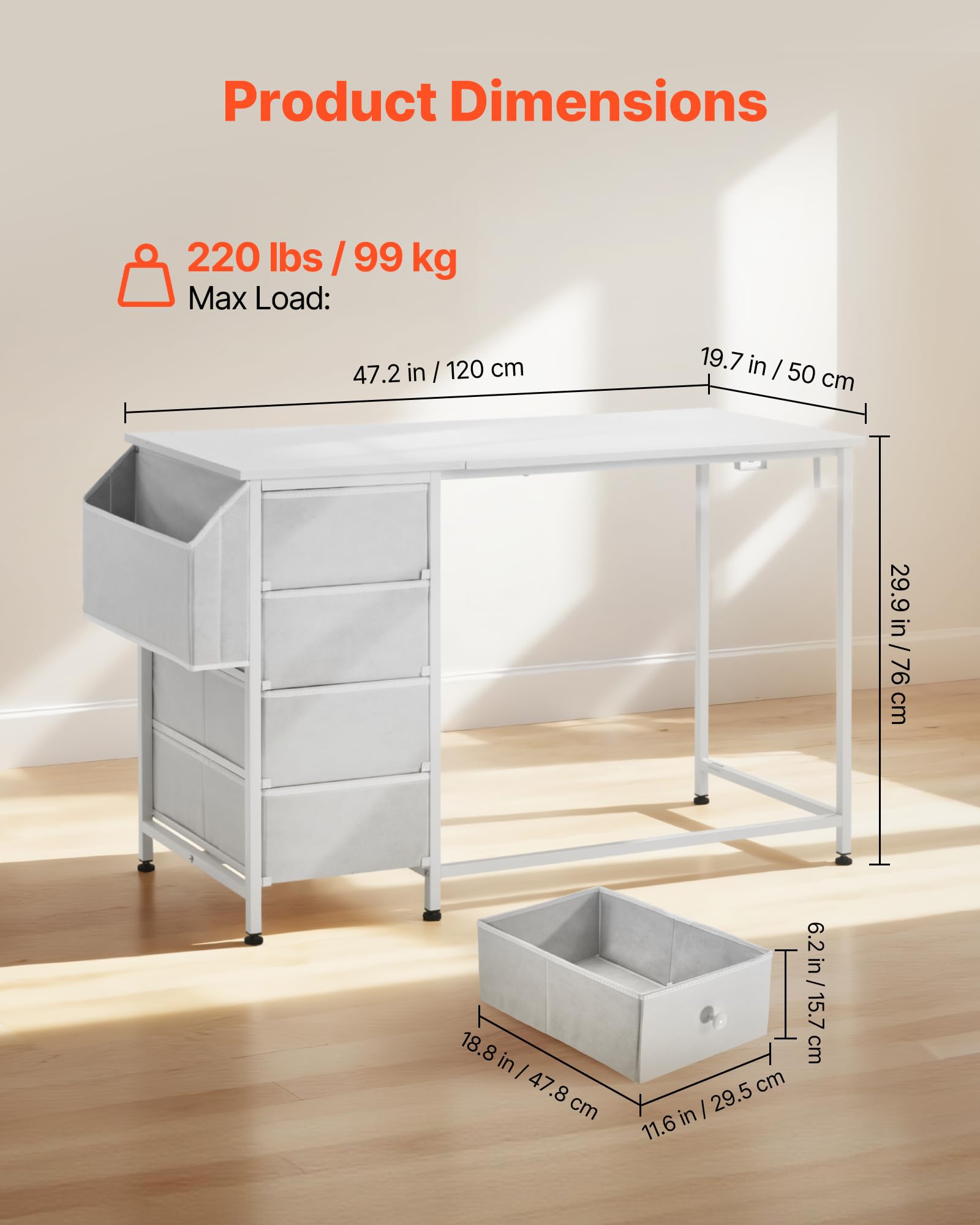 VEVOR Computertisch Bürotisch Schreibtisch (120 x 50 cm Tischplatte), moderner Arbeitstisch mit Stoffschubladen & 99 kg Tragkraft & Aufbewahrungshaken für Homeoffice Arbeitszimmer Wohnzimmer, Weiß