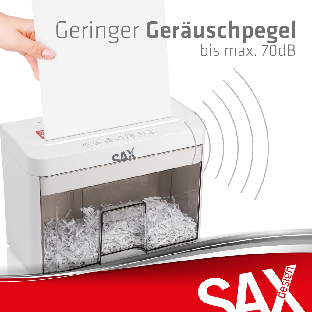 Sax Aktenvernichter Bruno – Partikelschnitt 3x18mm, Schreddert Papier, CDs & Karten, 220mm Zuführungsöffnung, 2 Blatt A4 Kapazität, 3,5L Behälter, Leise bis 70dB, Ideal für Büro & Home-Office