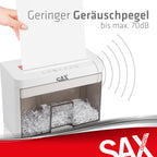 Sax Aktenvernichter Bruno – Partikelschnitt 3x18mm, Schreddert Papier, CDs & Karten, 220mm Zuführungsöffnung, 2 Blatt A4 Kapazität, 3,5L Behälter, Leise bis 70dB, Ideal für Büro & Home-Office