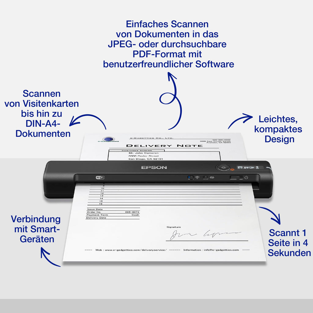 Epson WorkForce ES-60W mobiler Dokumentenscanner (Scanner, DIN A4, integrierter Akki, 600dpi, WiFi, USB 2.0)