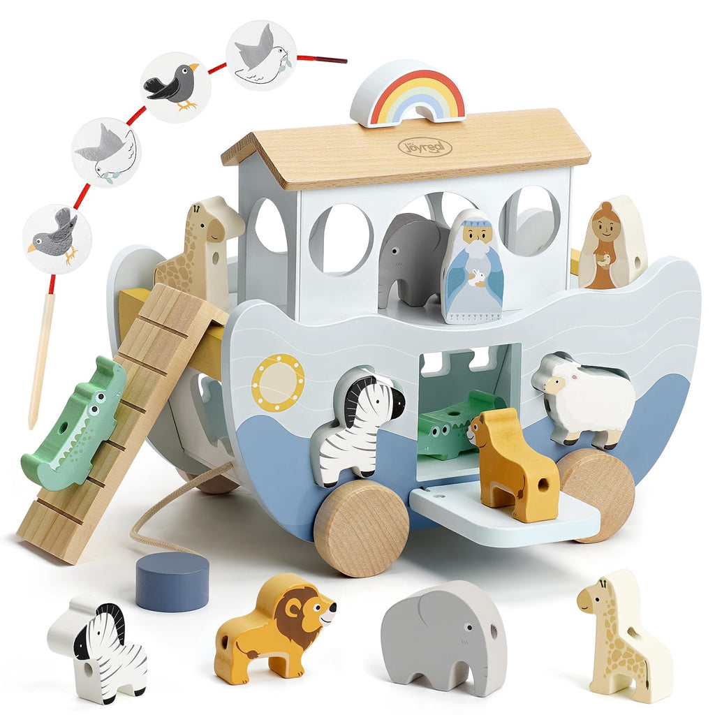 Joyreal Arche Noah Holz - Taufgeschenke für Mädchen Jungen Kinder, Geschenk Taufe, Montessori Spielzeug ab 1 2 3 Jahr, Holzspielzeug mit Bauernhof Spielzeug Sortier Stapel