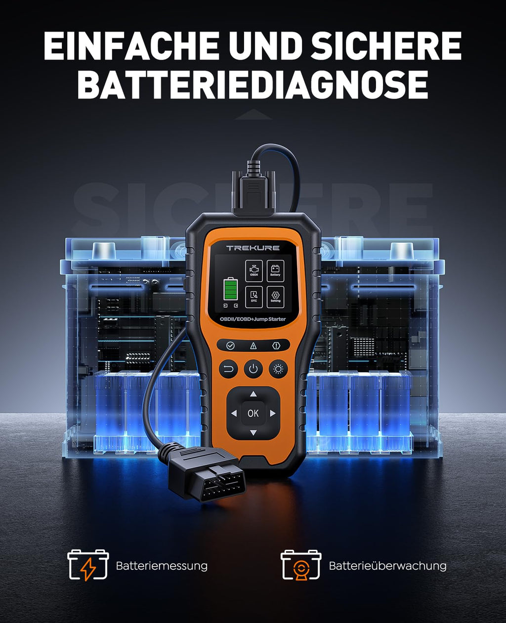 TREKURE 6000A Auto Starthilfe Powerbank mit OBD2 Diagnosegerät und Batterietest, Starthilfe Powerbank für PKW 12V, für Benzin & Diesel bis 10,0L, Tragbare Starthilfe mit LED-Notlicht, V0-Feuerschutz