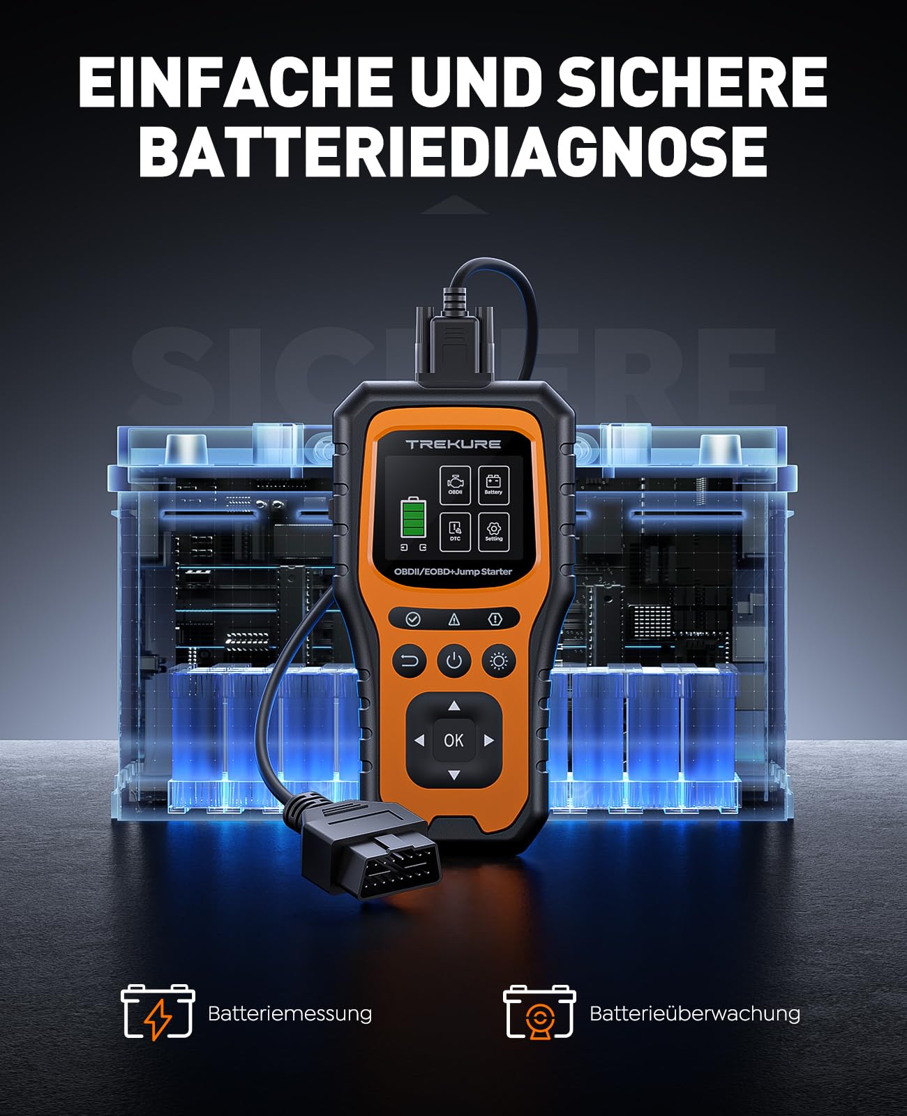 TREKURE 6000A Auto Starthilfe Powerbank mit OBD2 Diagnosegerät und Batterietest, Starthilfe Powerbank für PKW 12V, für Benzin & Diesel bis 10,0L, Tragbare Starthilfe mit LED-Notlicht, V0-Feuerschutz