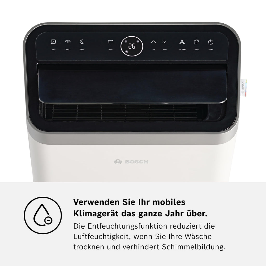 Bosch Cool 4000 Mobiles Klimagerät - 3-in-1 Klimaanlage, Luftentfeuchter, Ventilator - 2,6 kW für Räume bis zu 35m² - Mit Auto-Modus, Silent-Modus Sleep-Modus