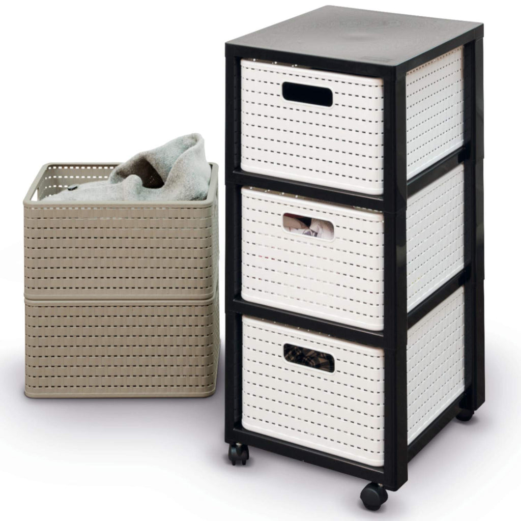 Rotho Country Rollcontainer mit 3 Schubladen in Rattan-Optik, Kunststoff (PP) BPA-frei, weiss, 3 x A4/18l (37.5 x 32.5 x 71.2 cm)