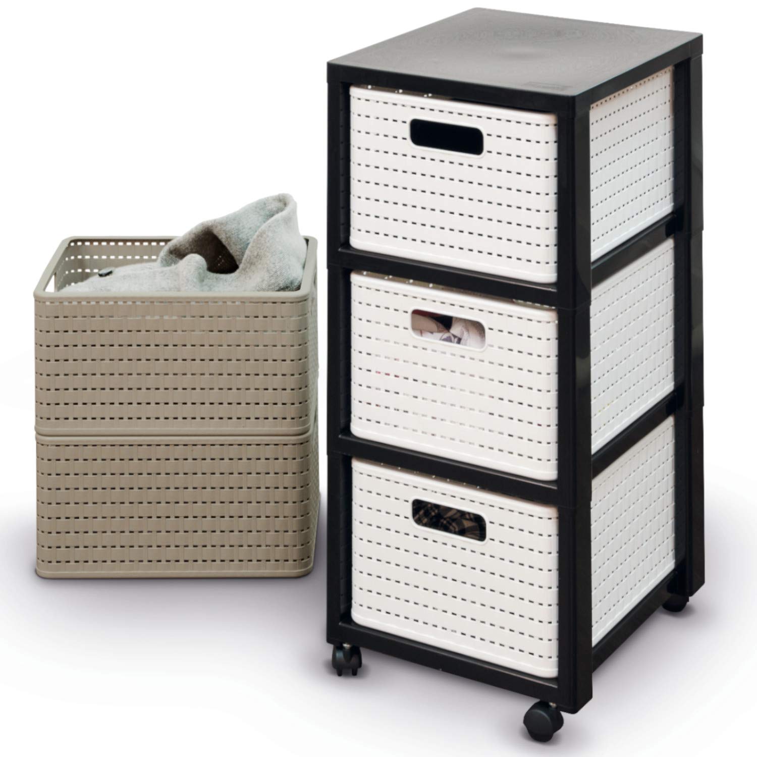 Rotho Country Rollcontainer mit 3 Schubladen in Rattan-Optik, Kunststoff (PP) BPA-frei, weiss, 3 x A4/18l (37.5 x 32.5 x 71.2 cm)