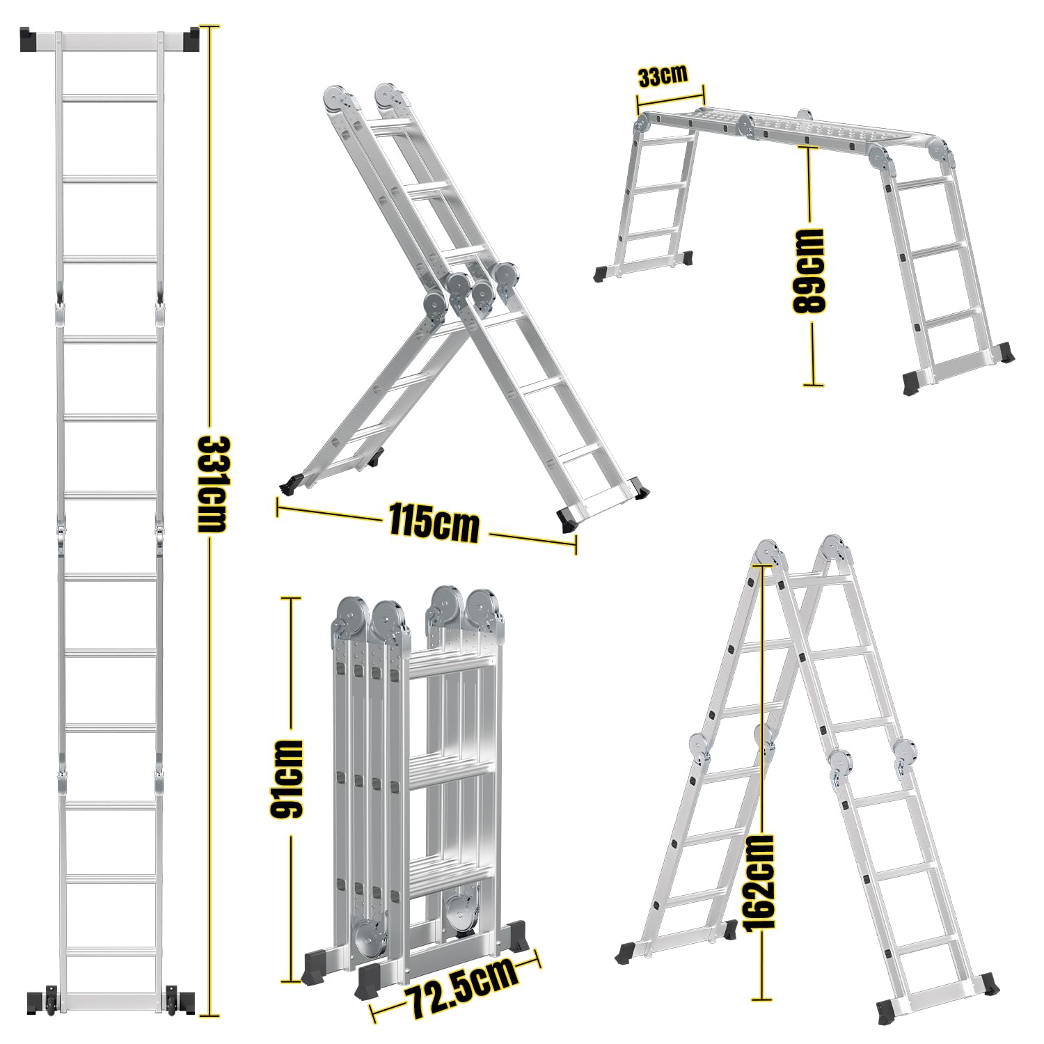 Lospitch 4x3 Mehrzweckleiter, 360cm 7 in 1 Multifunktionsleiter mit 2 plattform, Aluminium Vielzweckleiter mit 2 Transport Rollen bis 150 kg, Arbeitsleiter 12 Stufen, Silber