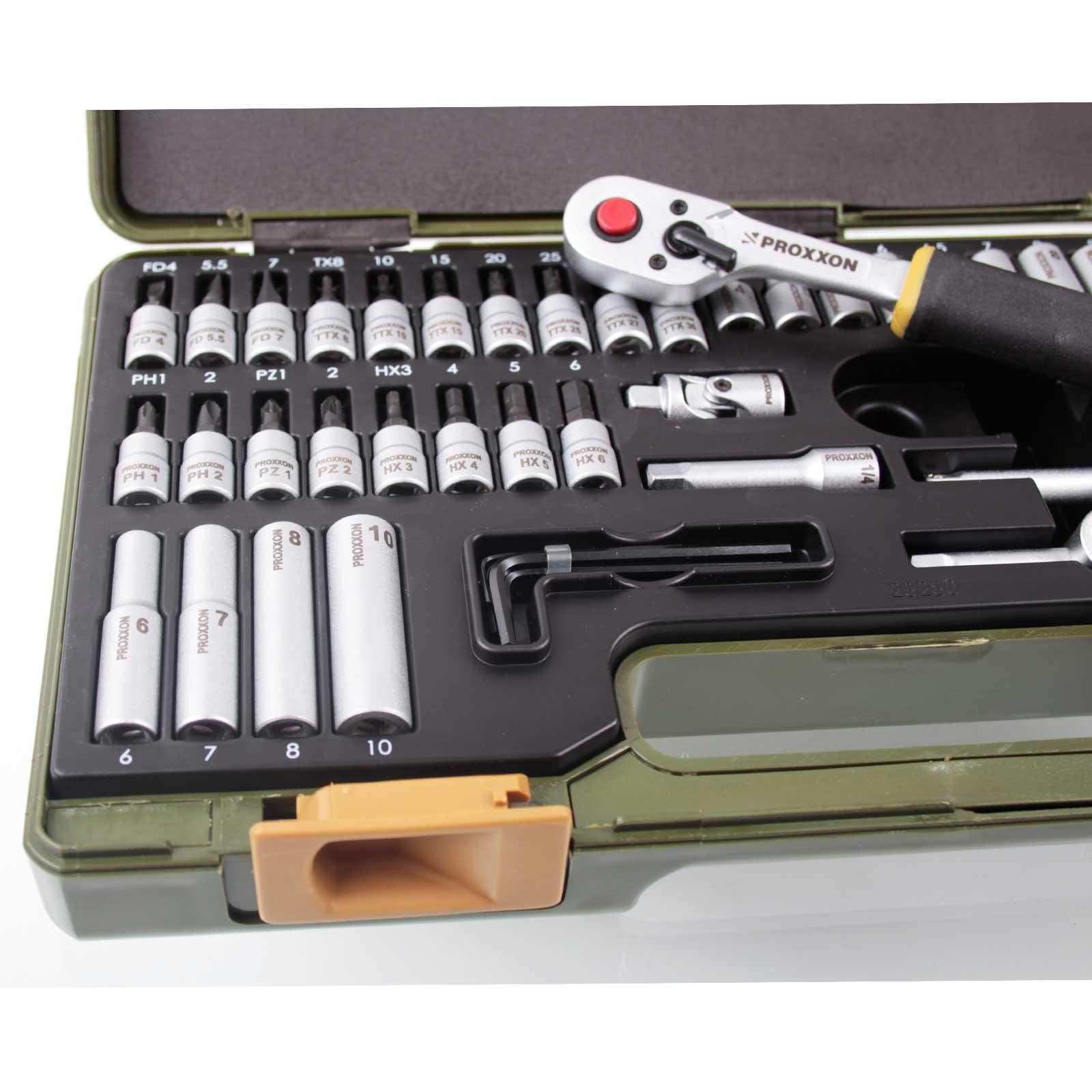 PROXXON Steckschlüsselsatz, Feinmechaniker-Satz mit 1/4"-Umschaltratsche sowie Schraubendrehergriff, 50-teiliges Werkzeug-Set mit Kunststoffkoffer, 23280