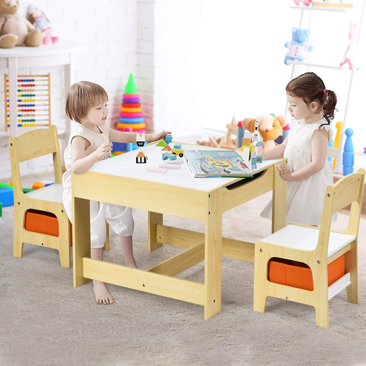 GOPLUS 3tlg. Kindersitzgruppe, 1 Kindertisch mit 2 Stühle, Kindermöbel Set aus Holz, Kindertischgruppe Indoor mit Stauraum, Maltisch für Kleinkind Mädchen Jungen