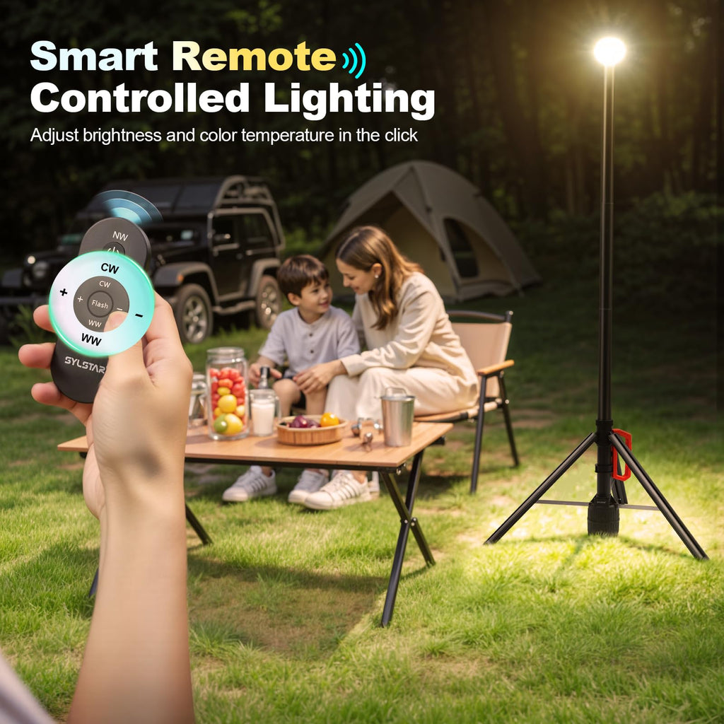 SYLSTAR Baustrahler LED mit Stativ, Akku Strahler mit Fernbedienung &Teleskopständer (2.65M), 3000LM Ultra Bright, 3CCT Dimmbar, 6000mAh Batterie Baustellenlampe für Werkstatt Sport Camping Notfälle