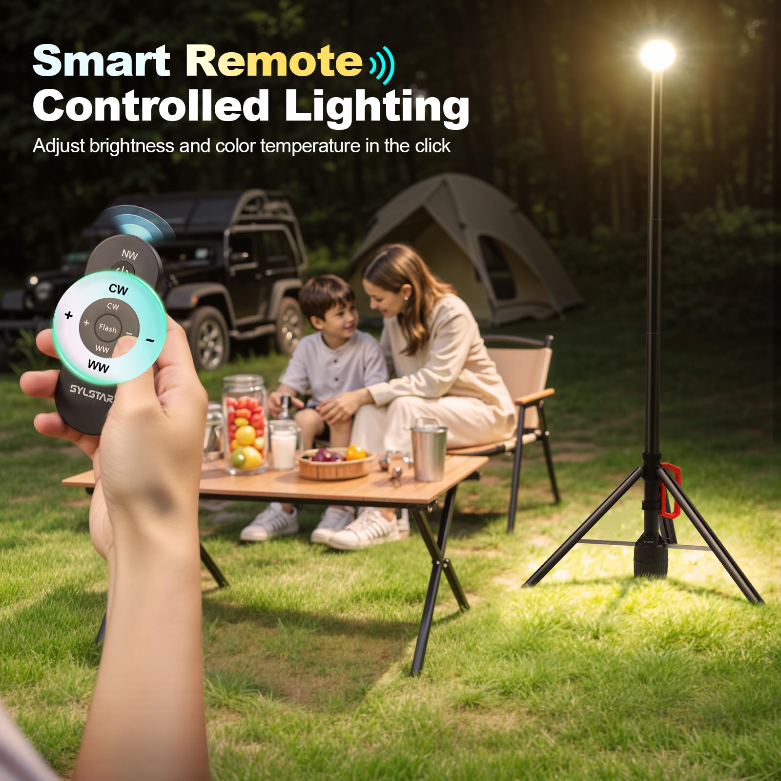 SYLSTAR Baustrahler LED mit Stativ, Akku Strahler mit Fernbedienung &Teleskopständer (2.65M), 3000LM Ultra Bright, 3CCT Dimmbar, 6000mAh Batterie Baustellenlampe für Werkstatt Sport Camping Notfälle