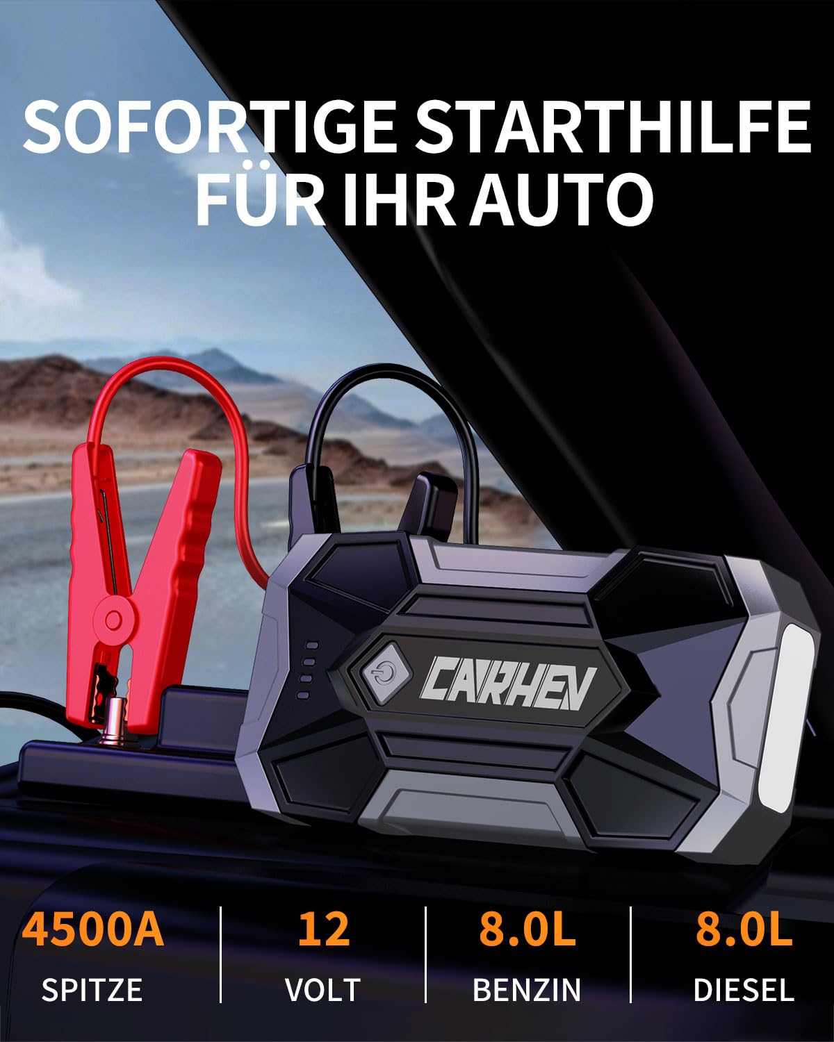 CARHEV Starthilfe Powerbank für Pkw, 4500A Starter Powerbank (Bis Zu 8,0L Benzin Oder 8,0L Diesel), 12V Booster Auto Starthilfe mit LED, Jump Starter mit Starthilfekabel und 2 USB Ausgänge