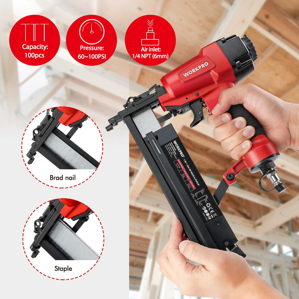 WORKPRO Druckluftnagler Drucklufttacker 2 in 1 inkl. 700 Klammern & Nagel, 9040/F50, max 7,1 bar Profi Druckluftpistole mit Sicherheitsnase für Werkstatt und Haus (Nägel bis 50mm, Klammern bis 40mm)