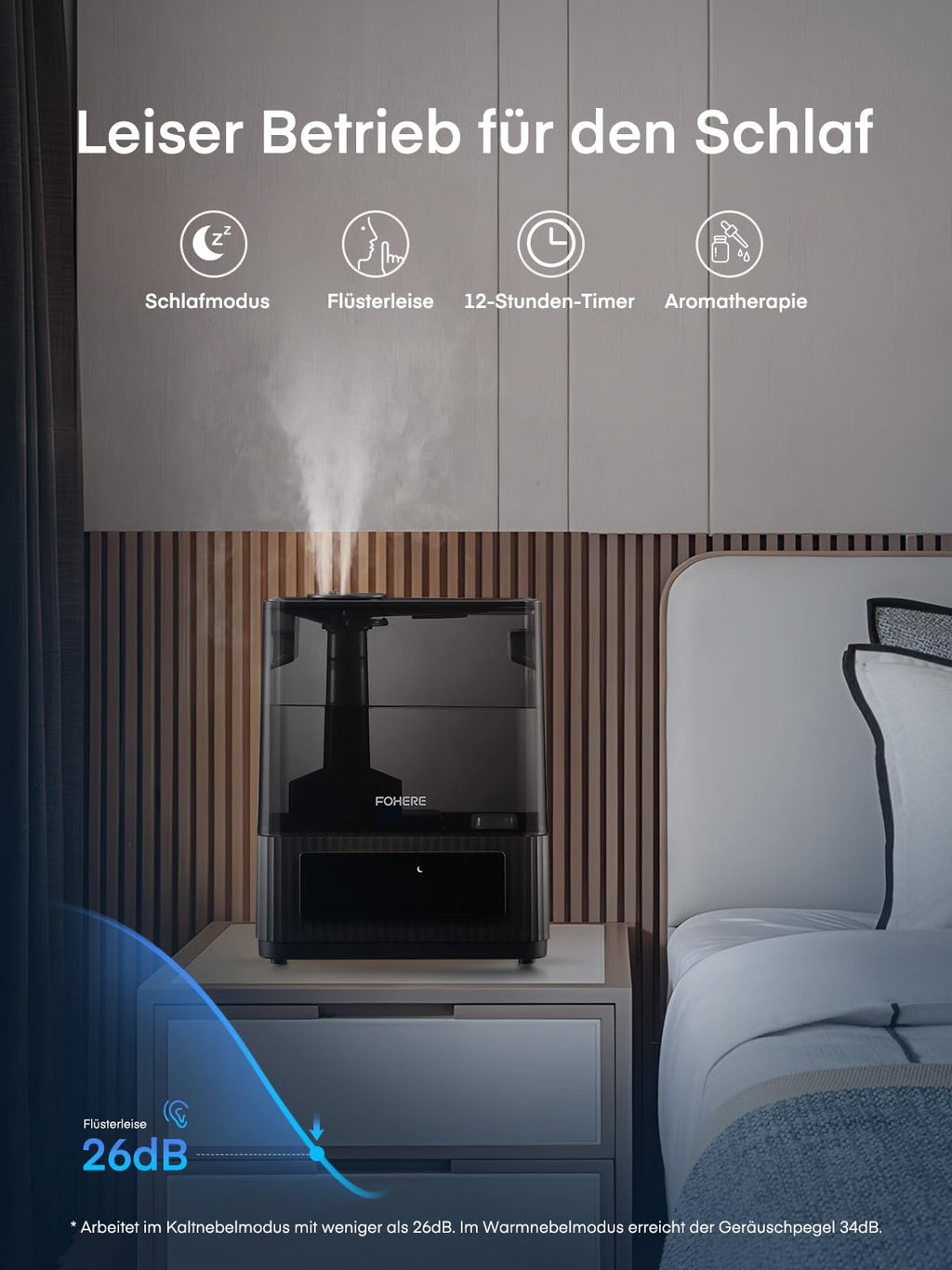 FOHERE Luftbefeuchter fürs Schlafzimmer, 6L Leiser Luftbefeuchter mit warmem und kühlem Nebel, 60H Laufzeit, Öldiffusor, Schlafmodus, 12H-Timer, Licht für heim Kinderzimmer Pflanzen Baby Kind