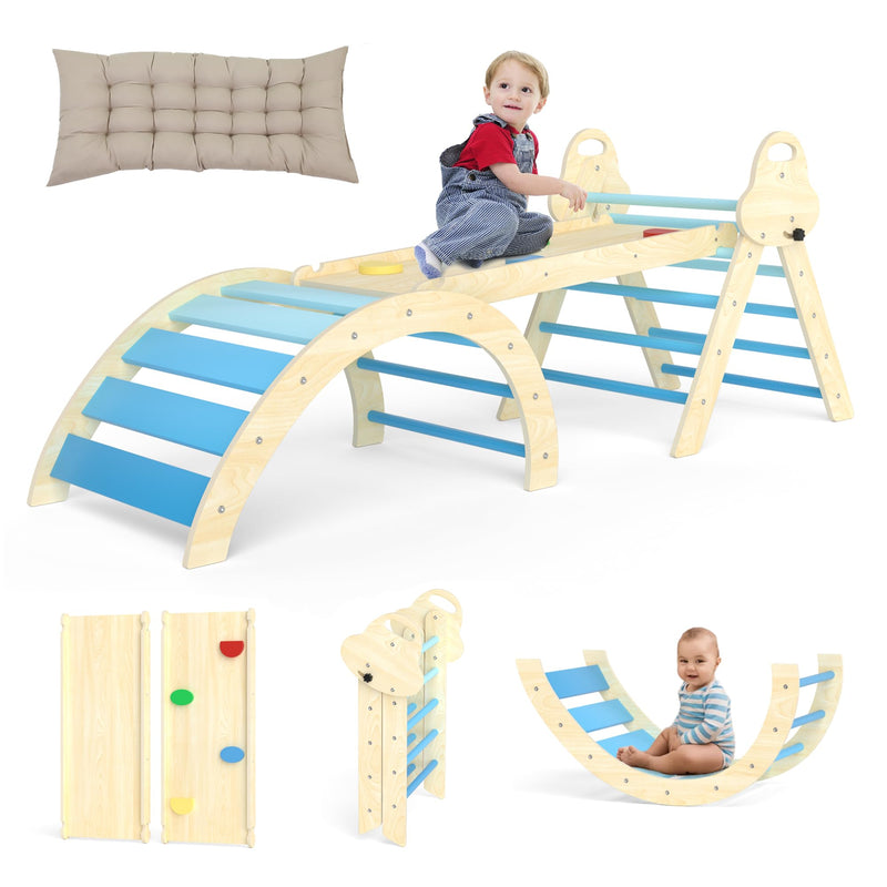 Puecrof 7-in-1 Montessori Kletterdreieck mit Kissen – Holz Kletterspielzeug für Kleinkinder 1-3 Jahre – Indoor Kletterbogen mit Rutsche, Leiter & Spielbogen (Blue)