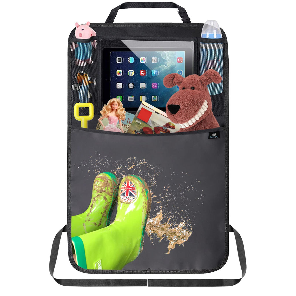 Termichy Rückenlehnenschutz Auto kinder,Auto Organizer,Organizer Auto Rücksitz kinder, Wasserdichtes Plane Kick-Matten-Schutz für Autositz zurück mit große Aufbewahrungstasche (1 Stück,Schwarz)
