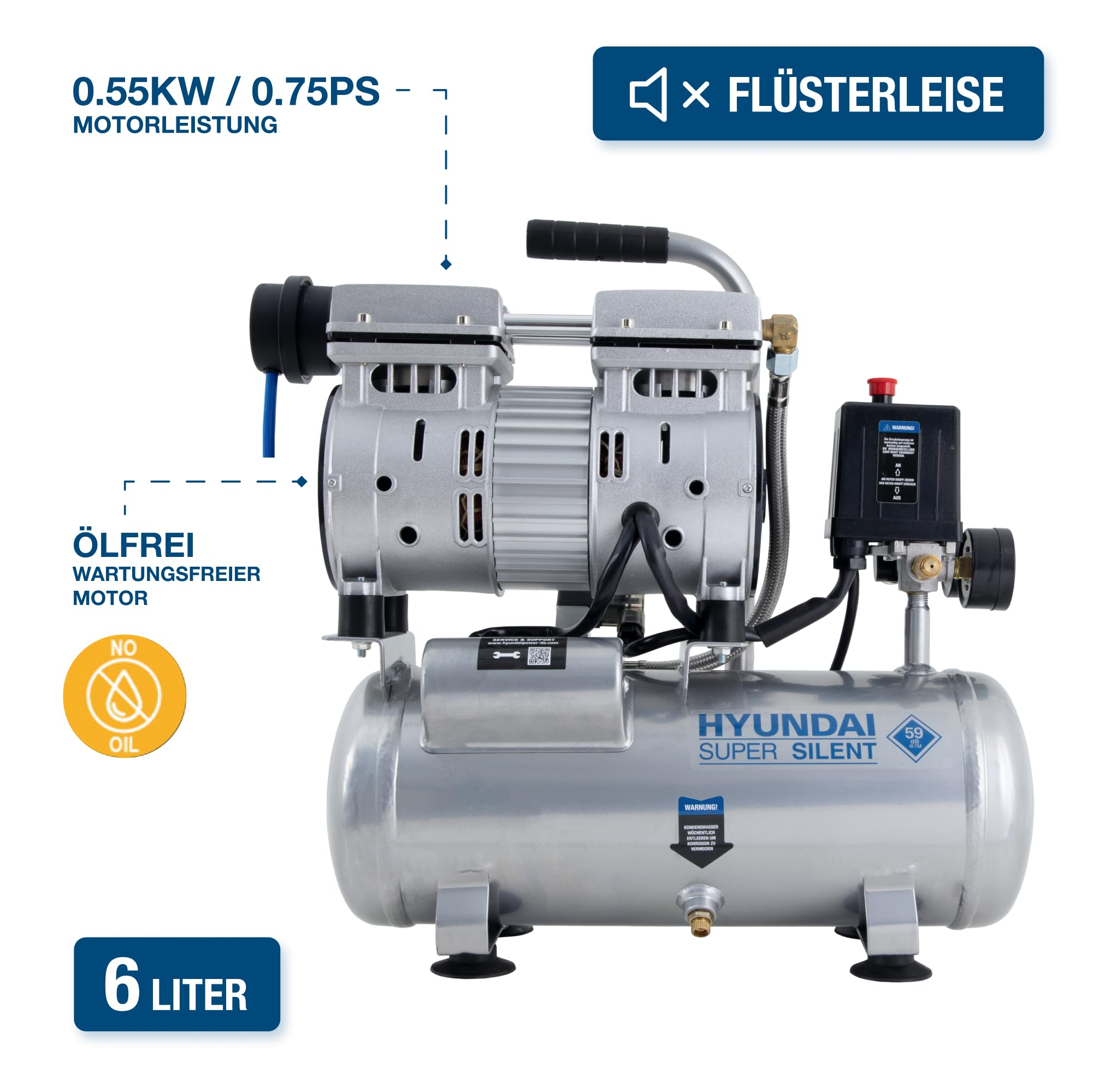 HYUNDAI Silent Kompressor SAC55751 | 6L Kessel, 8bar, ölfrei | 0.55kW / 0.75PS | Ansaugleistung 93 L/Min | klein, kompakt, tragbar | 59dB Luftkompressor leise, Flüster-Kompressor
