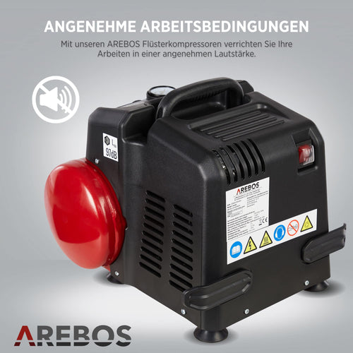 Arebos 6L Druckluftkompressor 1200W | 180 L/min Saugleistung | 8 bar Kompressor inkl. 13-tlg. Druckluft-Werkzeug-Set | Ölfrei & leise | Abschaltautomatik | Kompakt, mobil & robust | inkl. 2 m Kabel