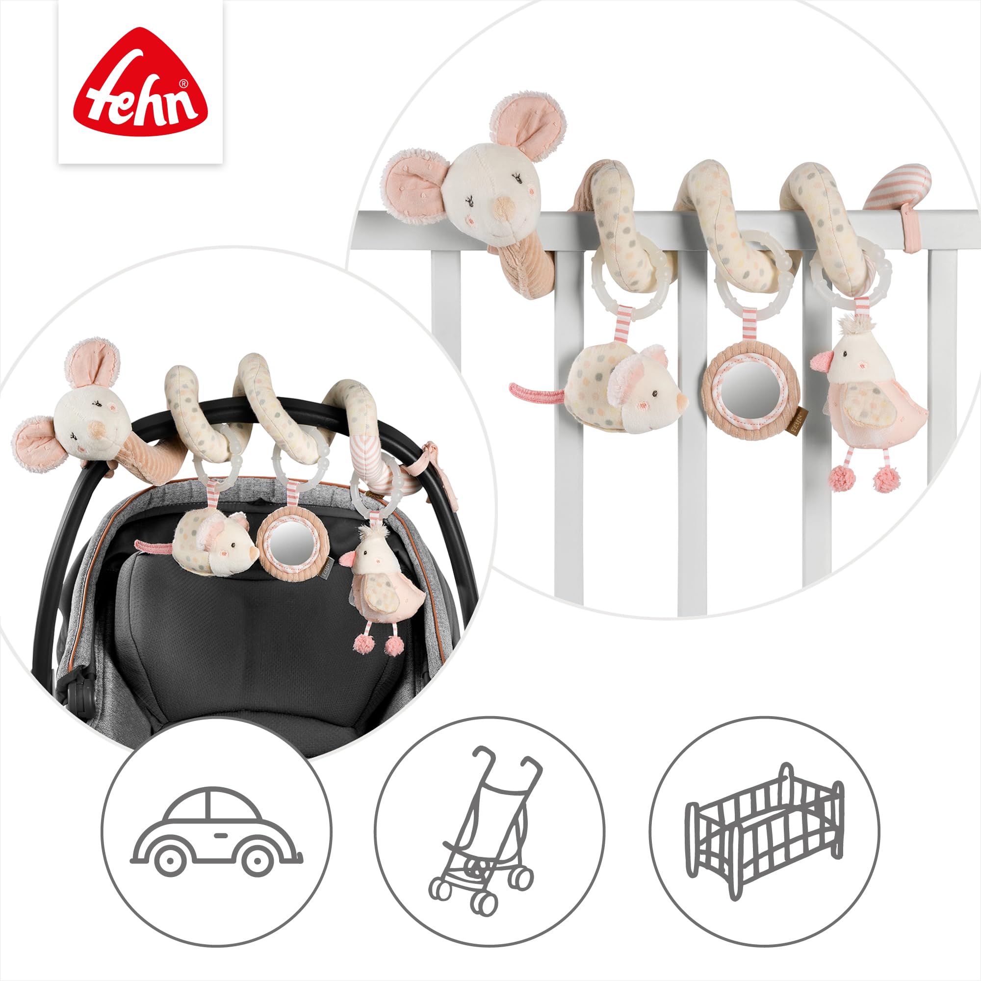 Fehn Activity-Spirale Maus – Motorikspielzeug mit Lernfunktionen zum Tasten, Fühlen, Spielen – Stoff-Spirale fördert Greifen, Tastsinn & Motorik – für zuhause & unterwegs, für Babys ab Geburt