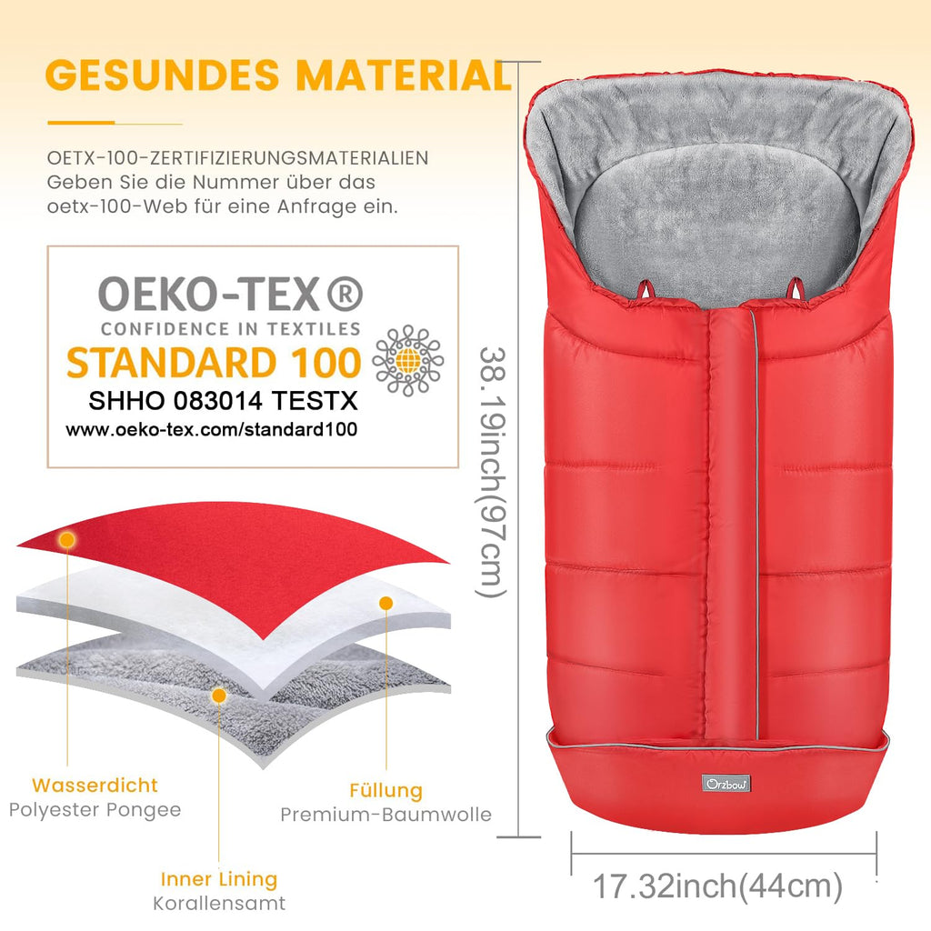 Orzbow Fußsack Kinderwagen Winter, Fußsack Buggy Fusssack Kinderwagen Baby Winter mit Wamres Korallen-Fleece, Reißverschluss, Anti-Rutschschutz & Reflektorstreifen, Universelle & Wasserdicht, Rot