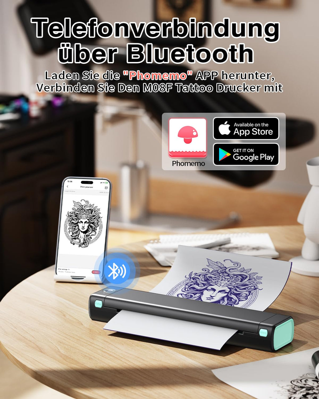 Phomemo M08F Tattoo Drucker Tattoo Stencil Drucker Transfer Maschine Professionelle Thermodrucker Kopierer Kompatibel mit Smartphone und PC mit 10pcs Transferpapier