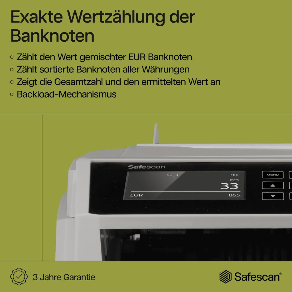 Safescan 2465-S Geldzählmaschine, Wertzählung für gemischte EUR-Banknoten - Banknotenzähler mit 7-facher Echtheitsprüfung - zählt sortierte Banknoten aller Währungen