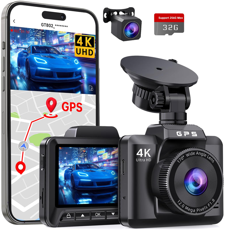 Dashcam Auto Vorne Hinten 4K+1080P, Dash Cam Auto mit GPS WiFi, Parküberwachung, Dual Autokamera mit 32GB Karte, 170° Weitwinkel, Super Nachtsicht, G-Sensor, Loop-Aufnahme, APP Steuerung, Max 256GB