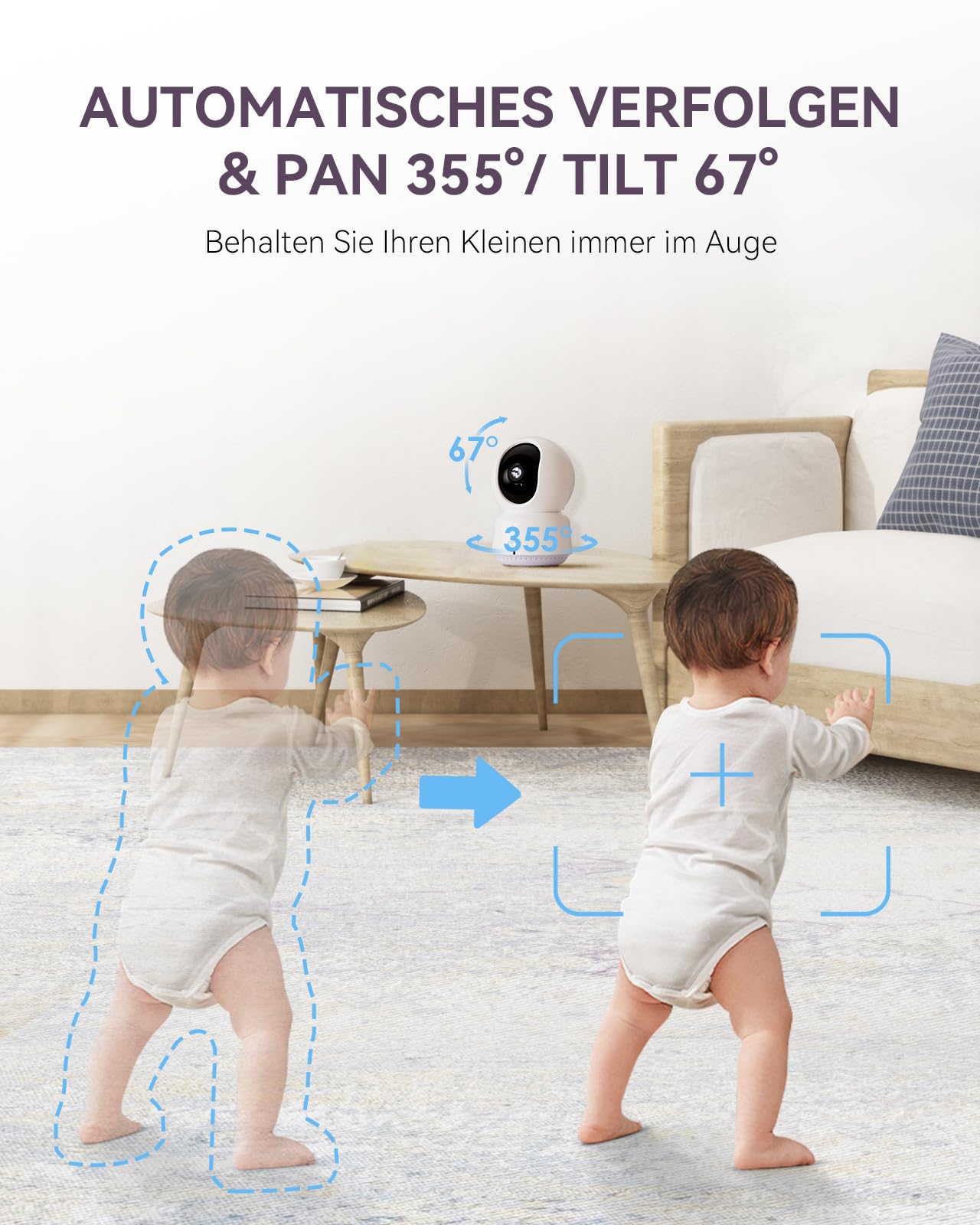 Comfyer 4 Split-Screen Smart Babyphone mit 2K Kamera, 5" HD Display WLAN Kamera Video Babyphone, IR-Nachtsicht, Automatische Verfolgung, Temp Anzeige, Bewegungs/Geräuscherkennung, App Steuern 5050mAh