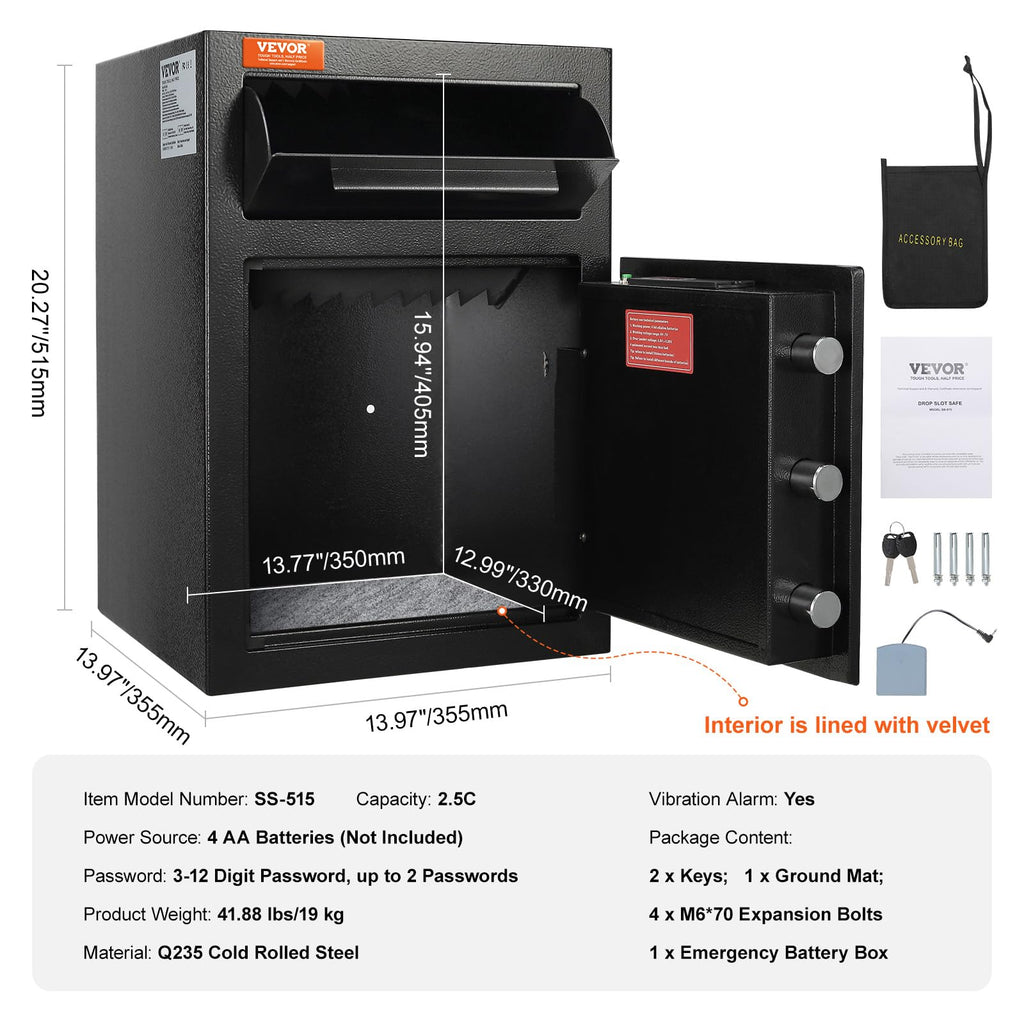 VEVOR 2,5 L Einwurftresor, Deposittresor mit Drop-Slot, elektronischem Codeschloss und 2 Notfallschlüsseln, 355 x 355 x 515 mm, Business Drop Slot Safe für Bargeld, zu Hause, Hotel, Büro