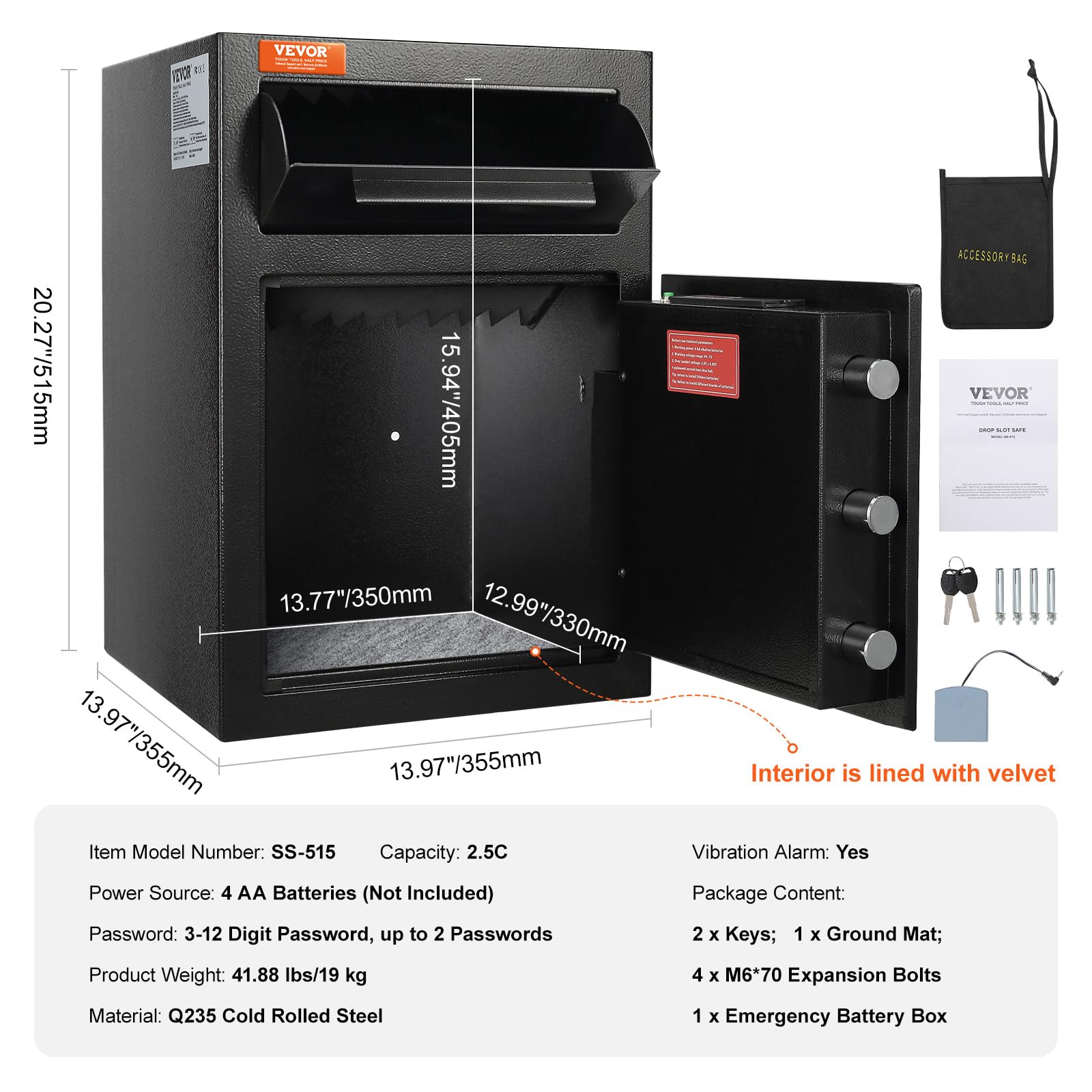 VEVOR 2,5 L Einwurftresor, Deposittresor mit Drop-Slot, elektronischem Codeschloss und 2 Notfallschlüsseln, 355 x 355 x 515 mm, Business Drop Slot Safe für Bargeld, zu Hause, Hotel, Büro