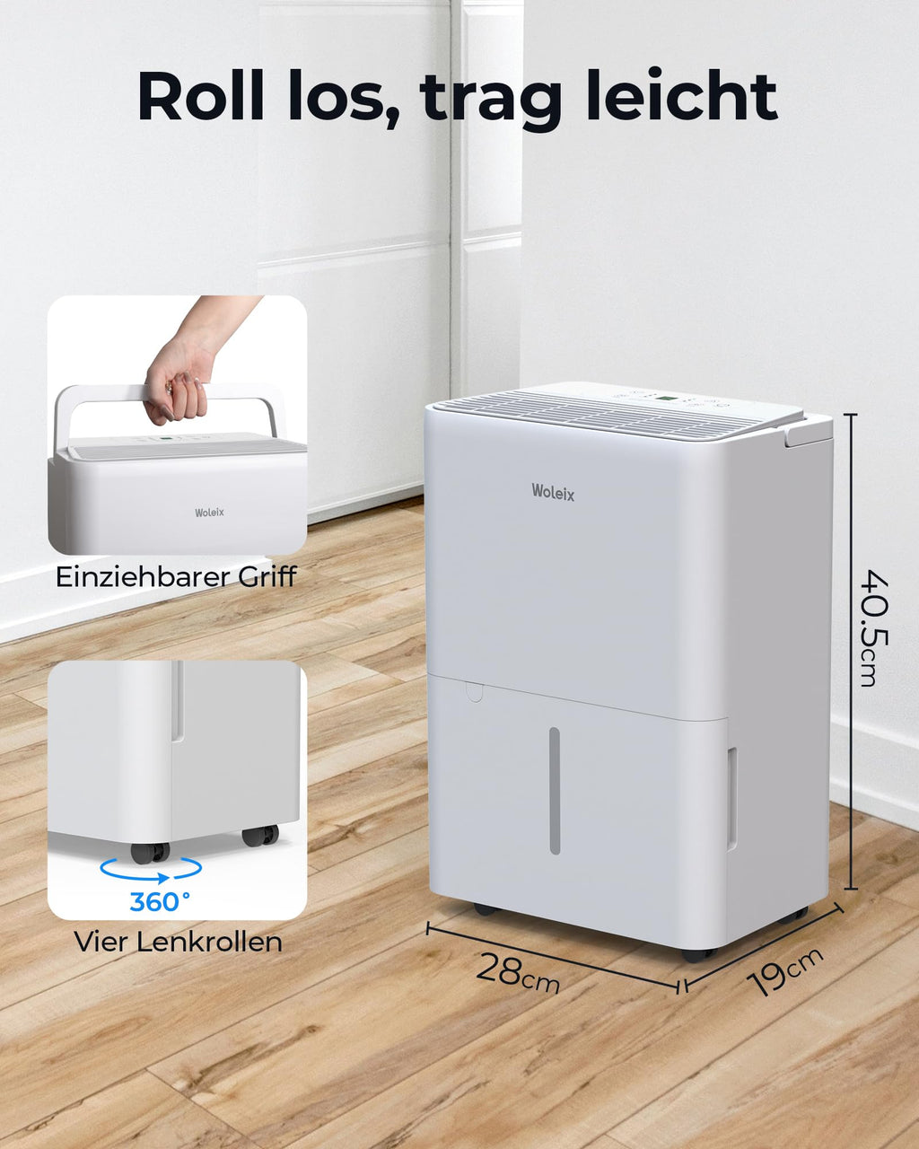 Woleix Luftentfeuchter elektrisch 12L, Entfeuchter elektrisch für Keller, Raumentfeuchter elektrisch 35dB für Räume bis zu 122m³/25m², mit Filter und 1M Ablaufschlauch, Timer, 10 J. Gar.