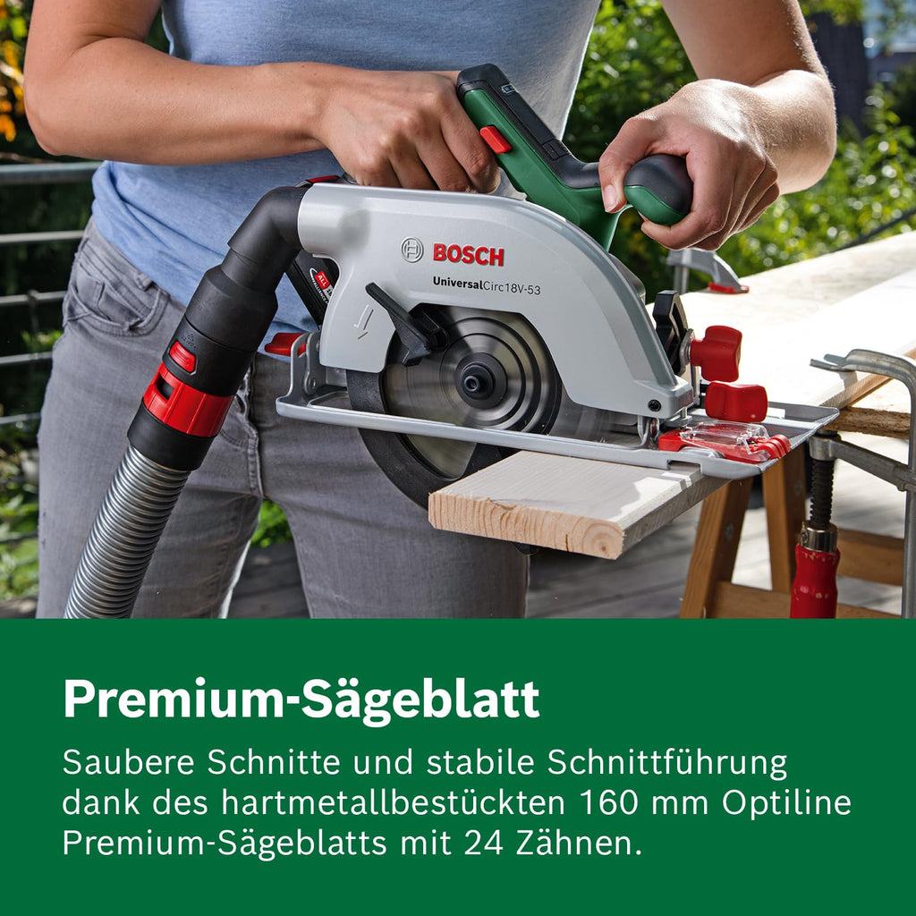 Bosch Akku-Kreissäge UniversalCirc 18V-53 (Präzises Sägen in jedem Holzmaterial; max. Schnitttiefe 53 mm; 2 tlg. Führungsschienenset; 18 Volt System; ohne Akku) – Amazon Edition