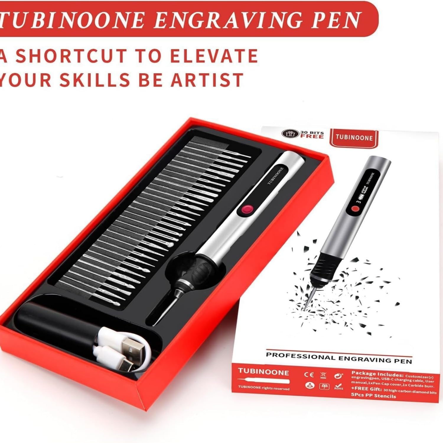 TUBINOONE Gravierstift, ultimativer kabelloser tragbarer Gravierer für Künstler und Heimwerker – Gravieren Sie über 50 Oberflächen – Anfängerfreundlich – wiederaufladbar – inklusive 30 Bits &