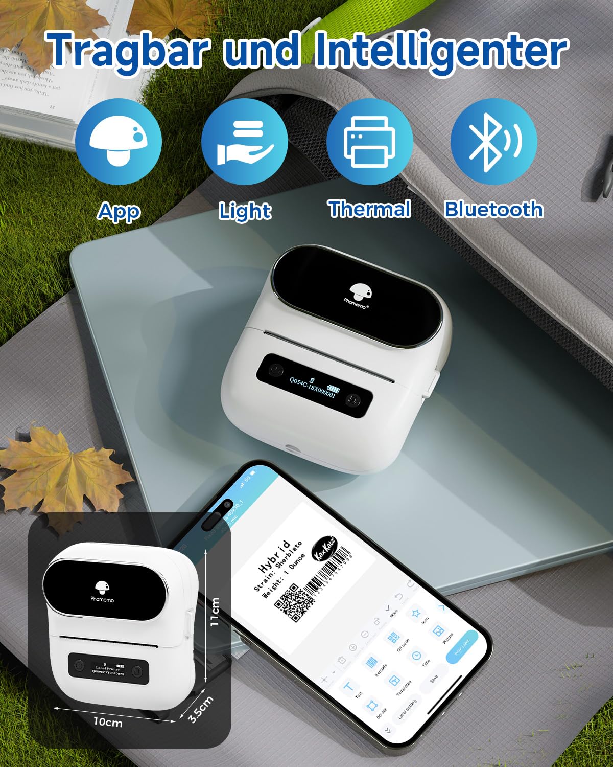 Phomemo M220 Etikettendrucker Bluetooth, Tragbarer Etikettiergerät Bluetooth Thermo Label Printer für Barcode,Einzelhandel,kleine Unternehmen,mit Telefonen & PC-System Weiß