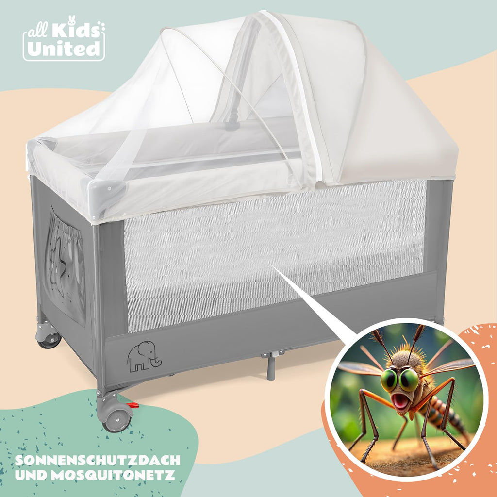 all Kids United® Baby Reisebett Babybett - Babycenter Kinderreisebett Kinderbett mit Matratze, Wickelauflage, Musikspiel und Mobile (Grau)