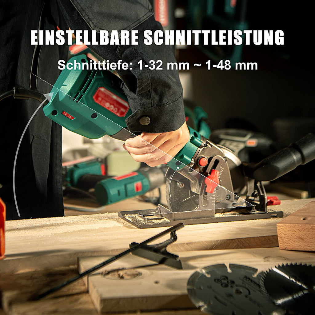 HYCHIKA Handkreissäge, 750W Kreissäge 3500U mit 3 Sägeblättern (115 und 125mm) mit Führungsschiene Max Schnitttiefe 48mm(90°)/32mm(45°), mini Kreissäge für Holz, Weichmetall, Fliesen u.s.w