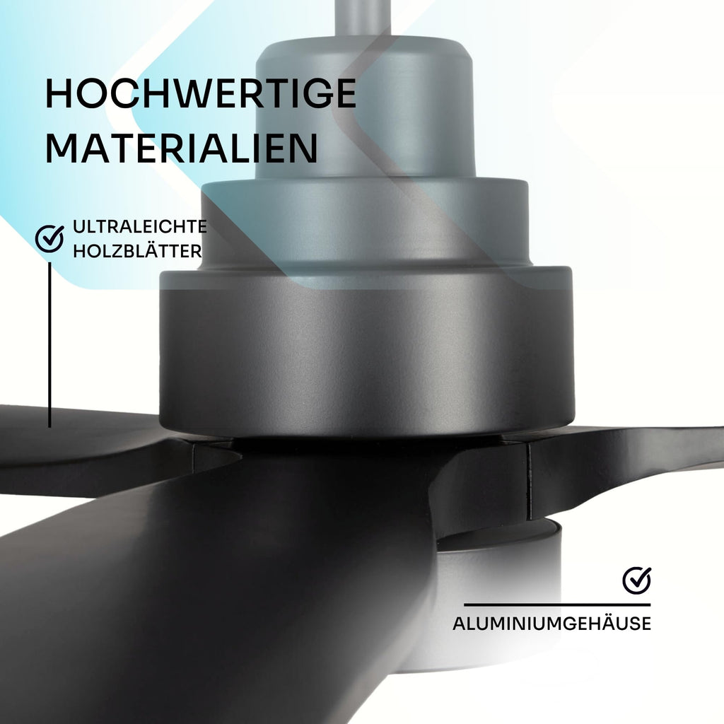 Mellerware - Deckenventilator mit Fernbedienung Brizy Bright | 45W | 6 Geschwindigkeiten | Sehr Leise | 3 Flügel 132 cm Durchmesser | Sommer-Winter-Funktion | Timer | LED | Black