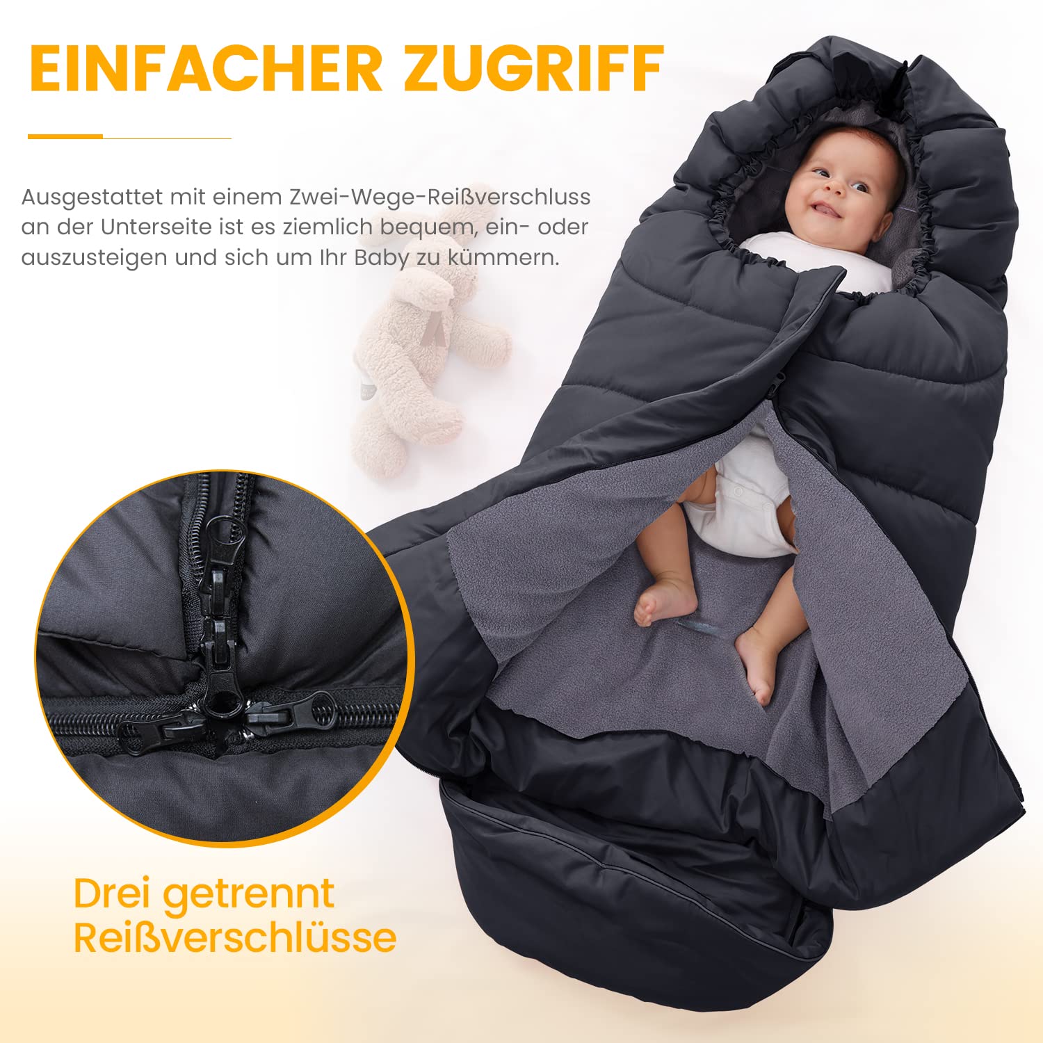 Orzbow Fußsack Kinderwagen Winter, Fußsack Buggy Fusssack Kinderwagen Baby Winter mit Wamres Polar Fleece, Reißverschluss, Reflektorstreifen, Universelle & Wasserdicht, Maschinenwaschbar, Schwarz